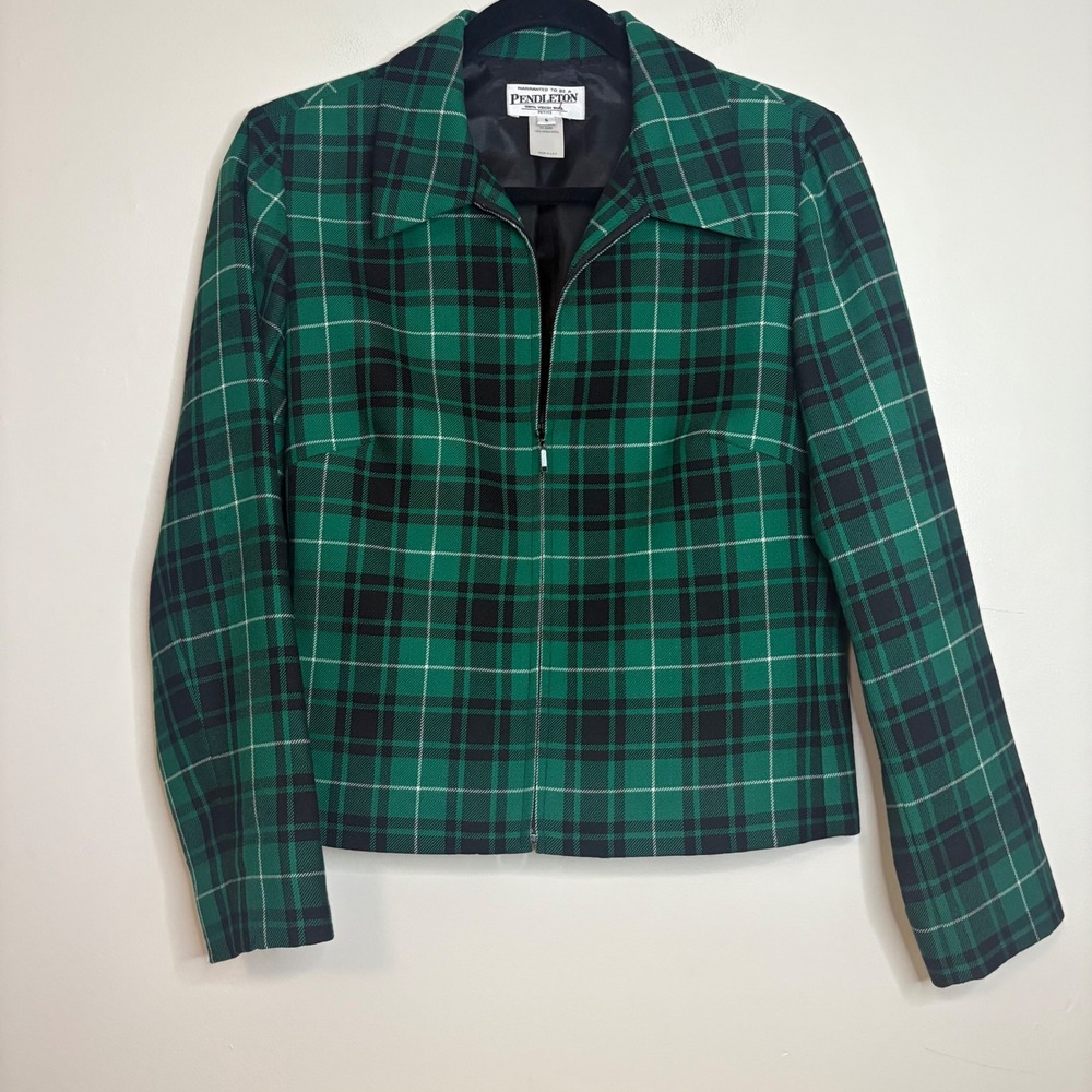 Pendleton 100% Wool Green Black Plaid Zip Jacket Size 6P Made in USA VTG